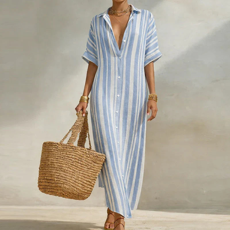 Women's Striped Patchwork Maxi Dress with Collared Neckline