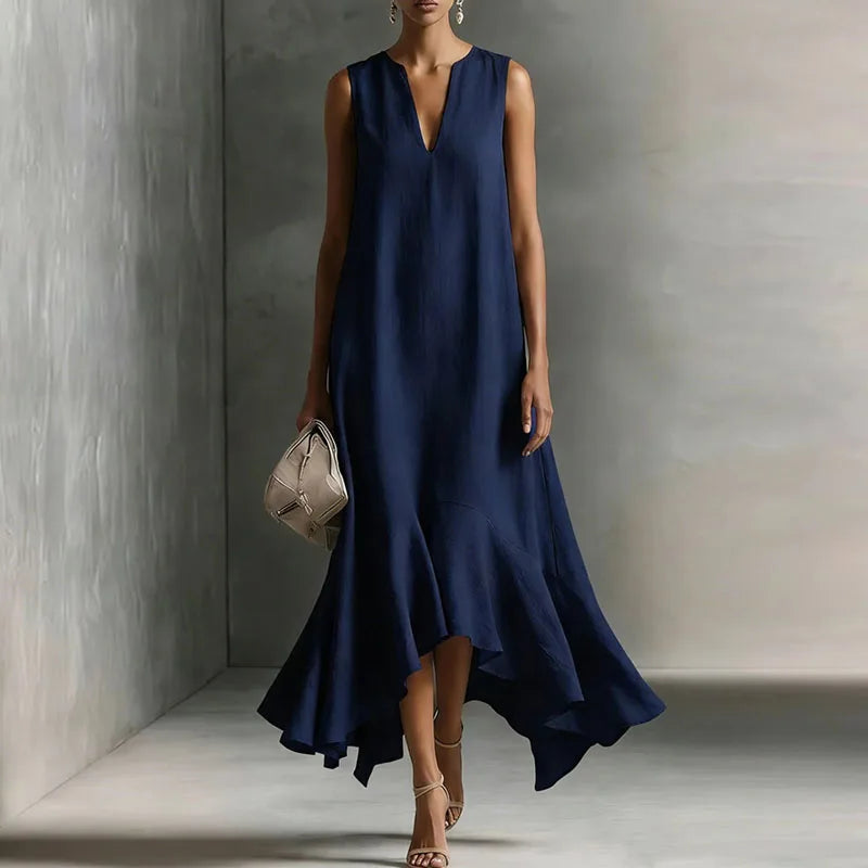 Women's Bohemian Maxi Dress with V-Neck and Ruffle Hem