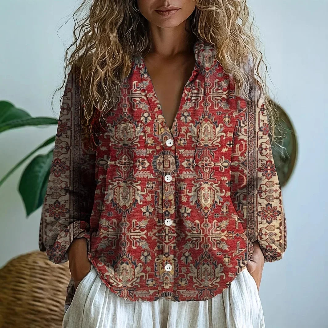 Women's Vintage Floral Print V-Neck Blouse