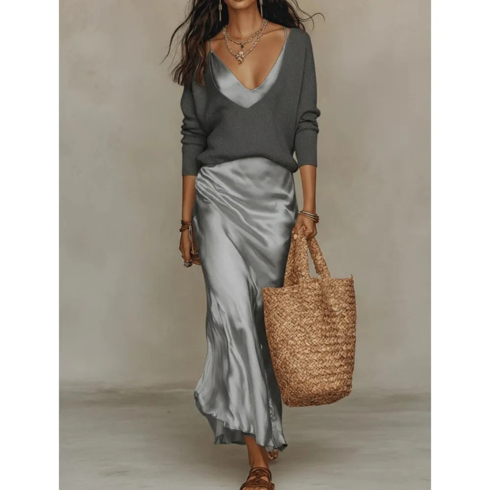 Women's V-Neck Top and Satin Maxi Dress Two-Piece Set
