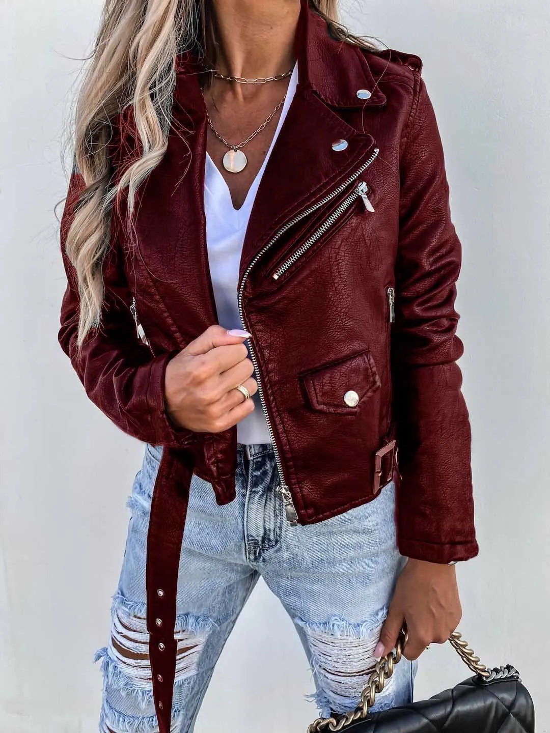 Women's Biker Leather Jacket with Asymmetric Zip