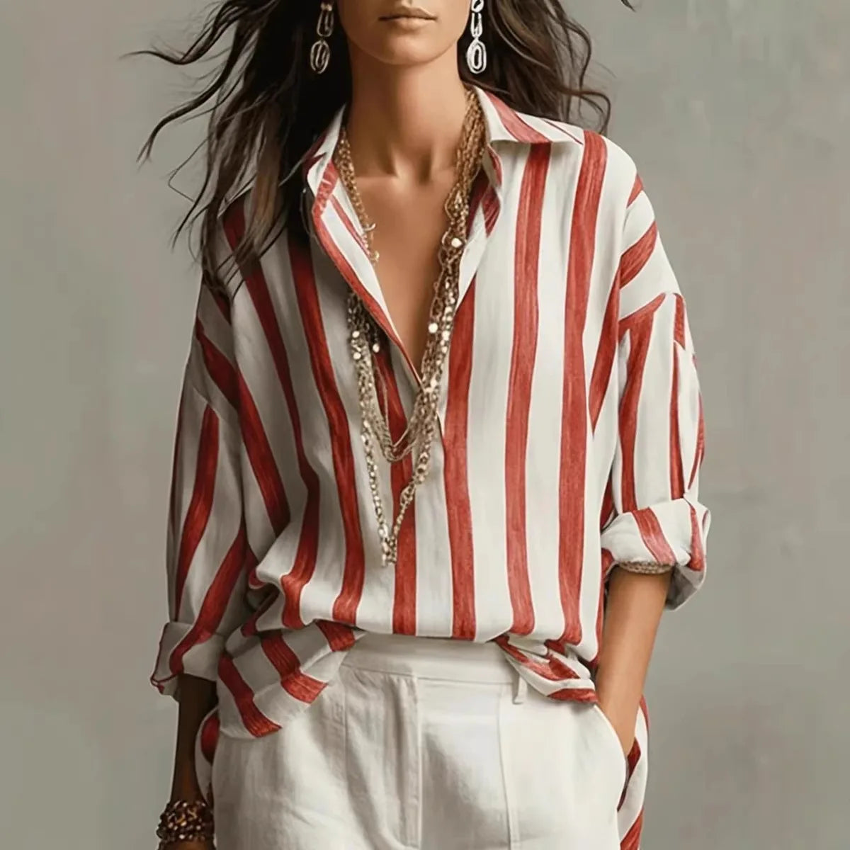 Women's Striped Long Sleeve Shirt with Relaxed Fit