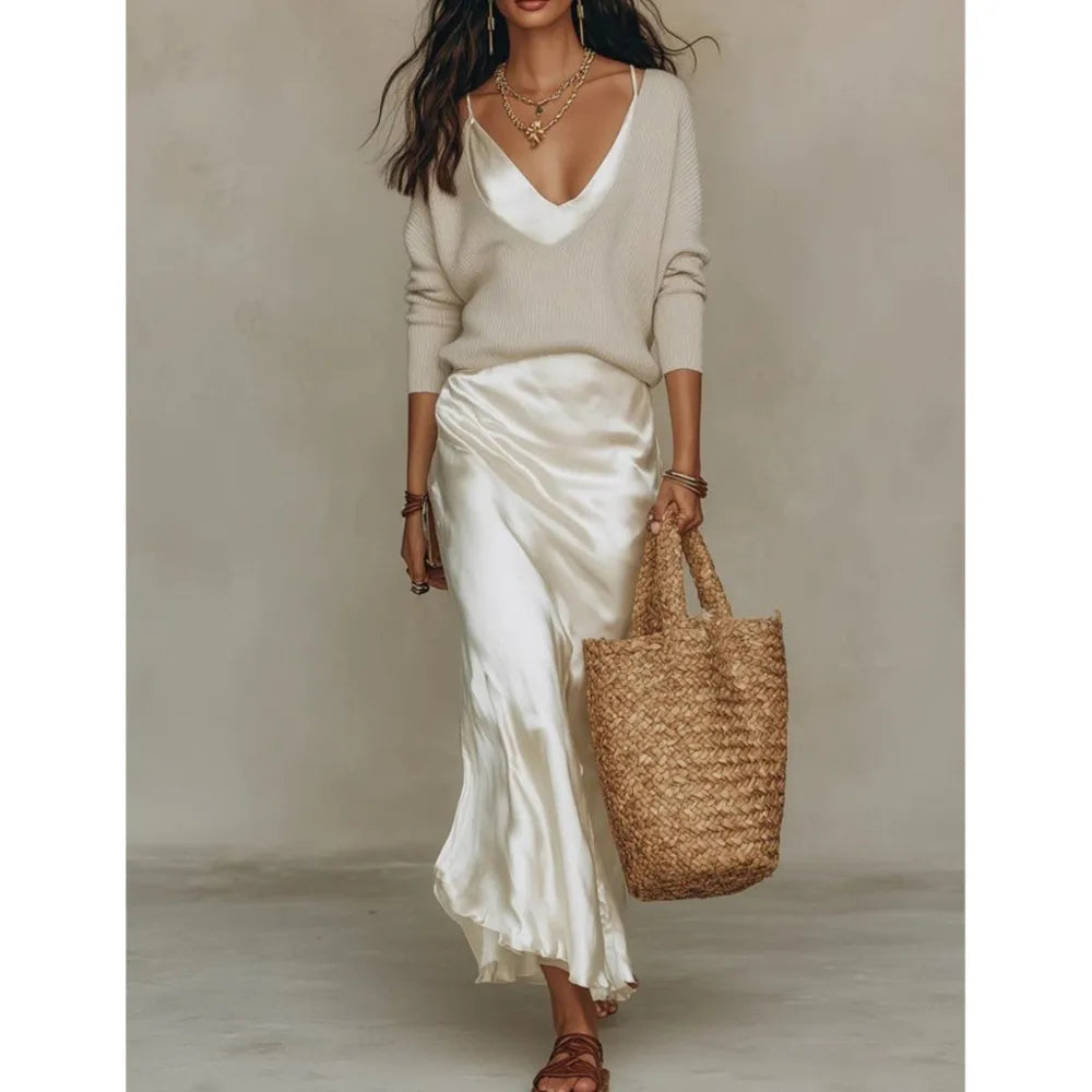 Women's V-Neck Top and Satin Maxi Dress Two-Piece Set
