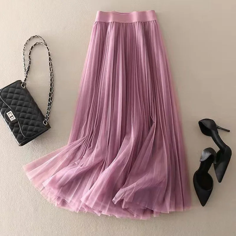 Women's High-Waisted Pleated Midi Skirt with Flowing Silhouette