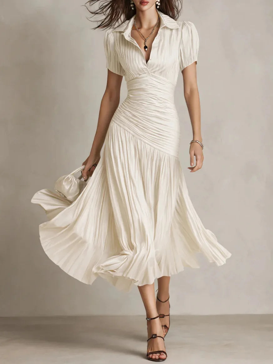 Women's Pleated A-Line Midi Dress with Lapel Collar