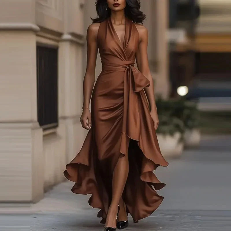 Women's Satin Halter Maxi Dress with High-Low Hem