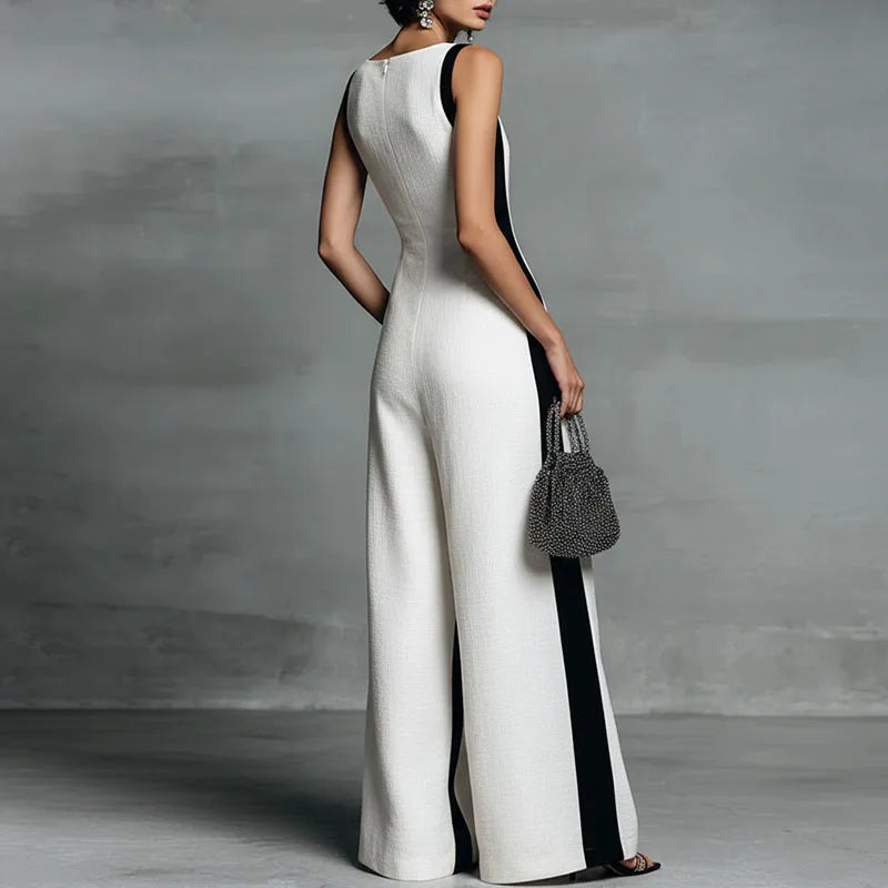 Women's Striped Wide-Leg Jumpsuit with Deep V-Neck