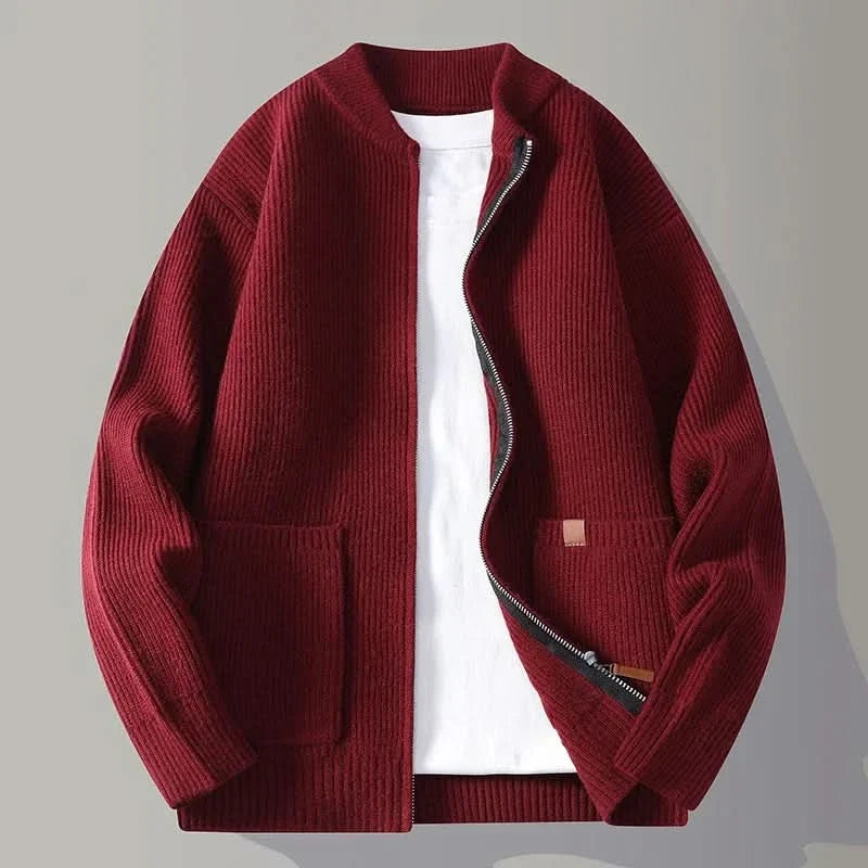 Men's Ribbed Knit Stand Collar Cardigan