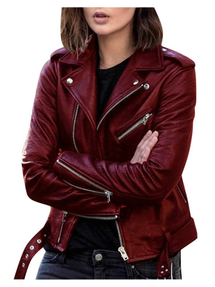 Women’s Biker Leather Jacket with Asymmetric Zip Closure