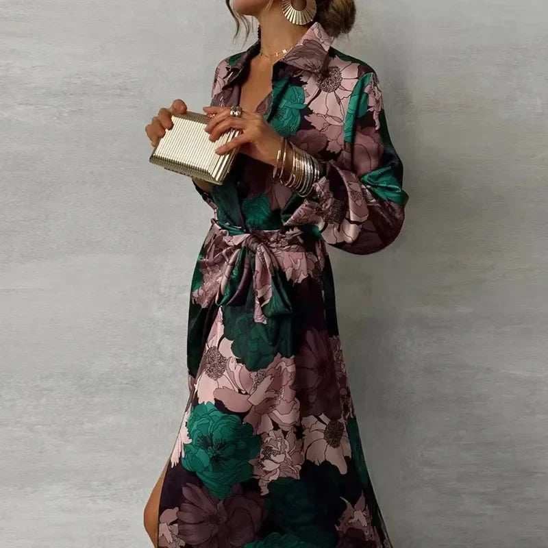 Women’s Floral Belted Long Sleeve Wrap Maxi Dress