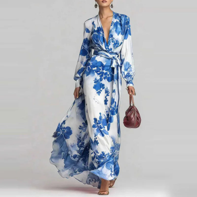 Women's Floral Wrap Maxi Dress with Waist Tie