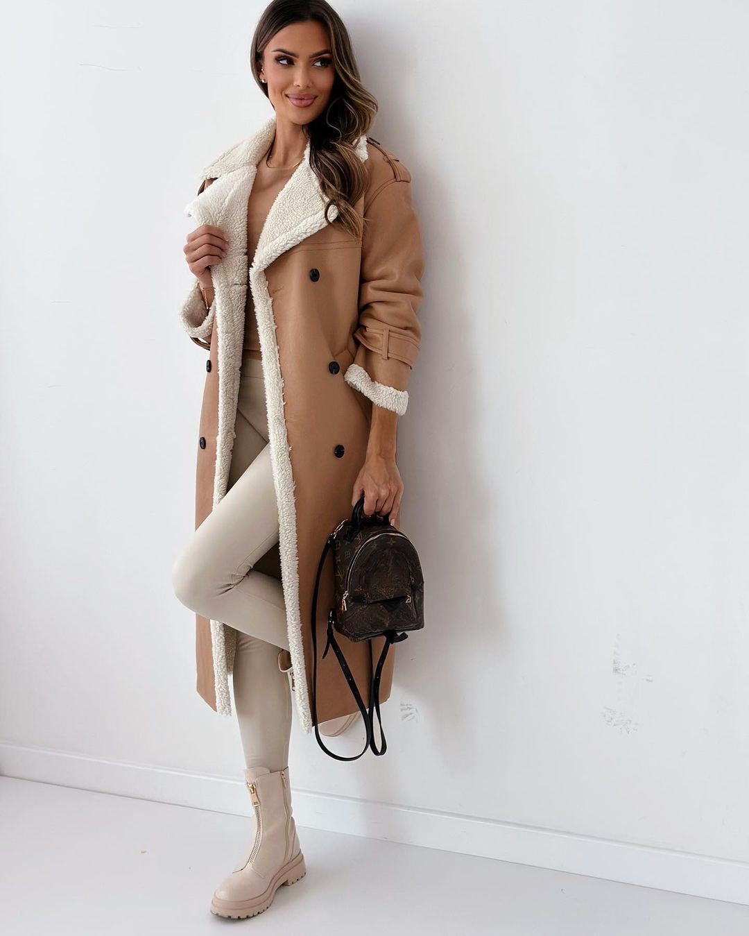 Women's Knee Length Teddy Lined Trench Coat