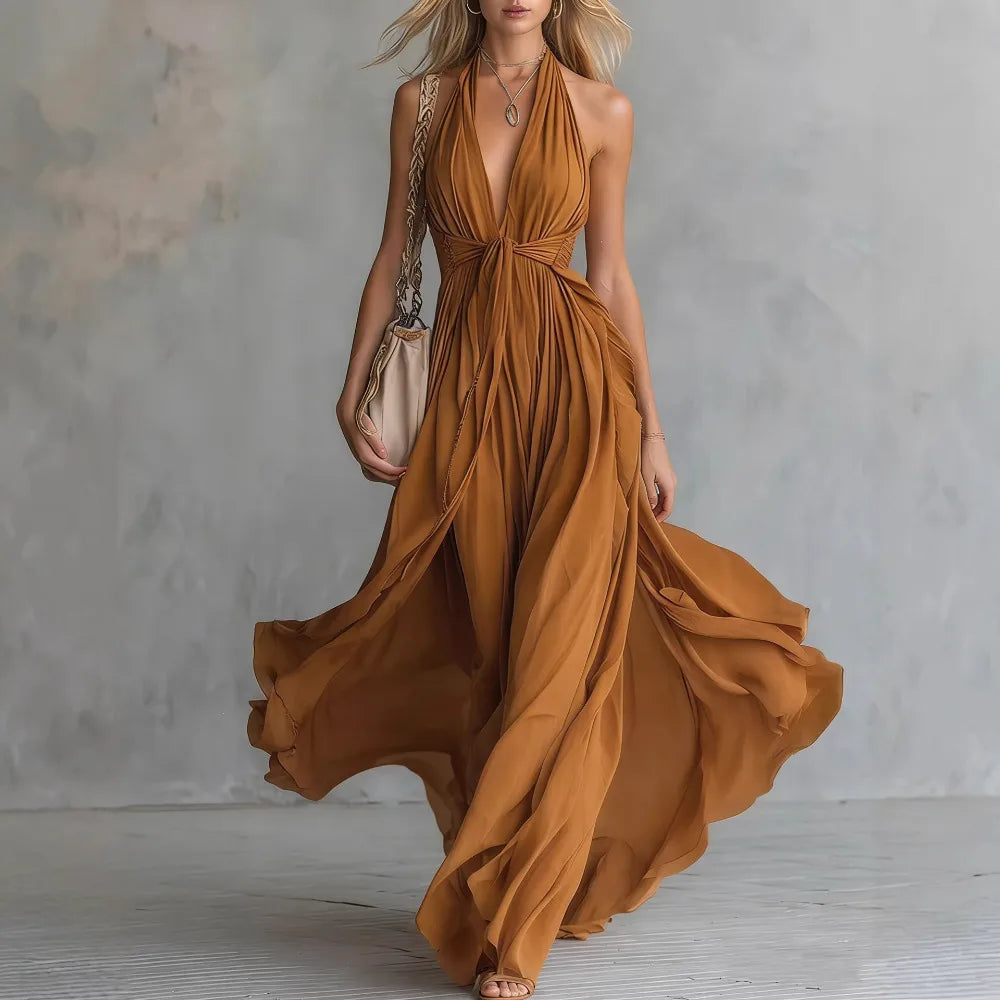 Women's Backless Halter Maxi Dress with Elegant Side Slit