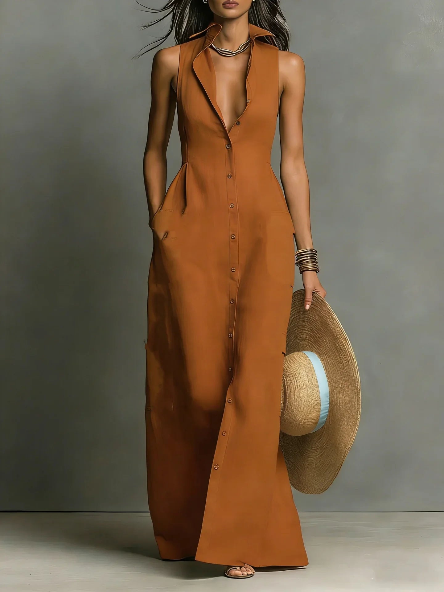Women's Sleeveless Shirt Maxi Dress with Lapel Collar