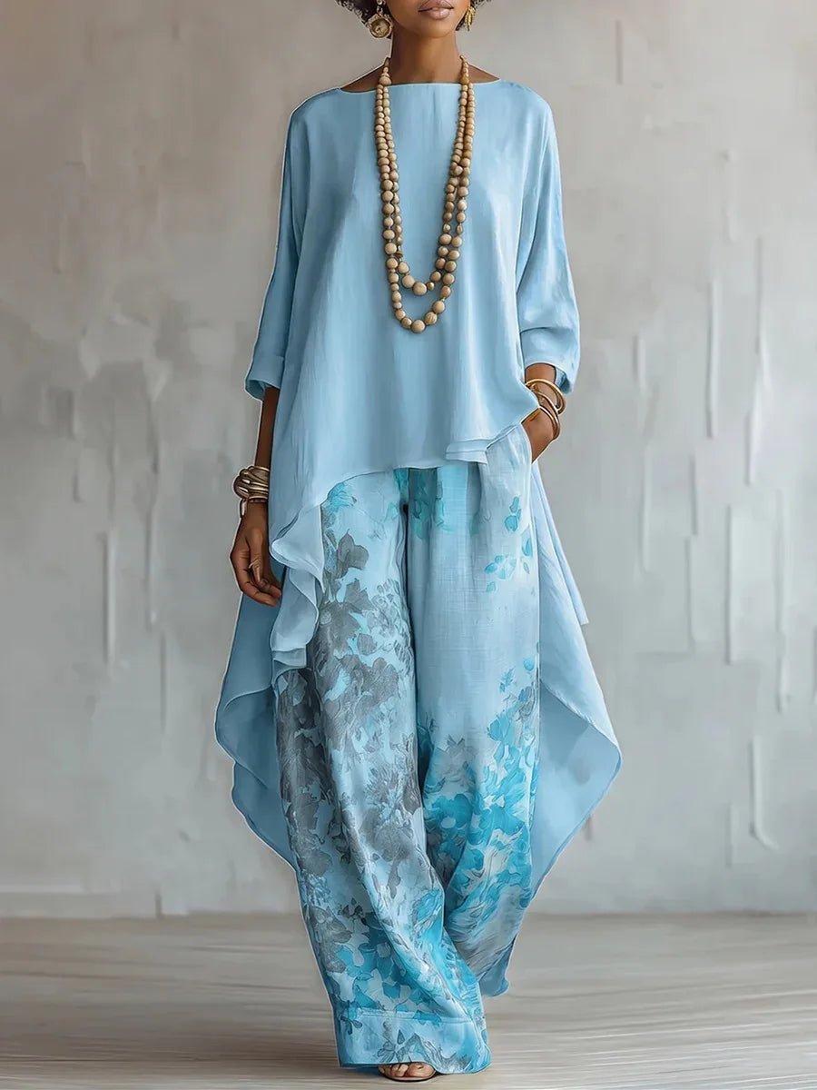 Women's Artistic Floral Two-Piece Set with Top and Wide-Leg Pants