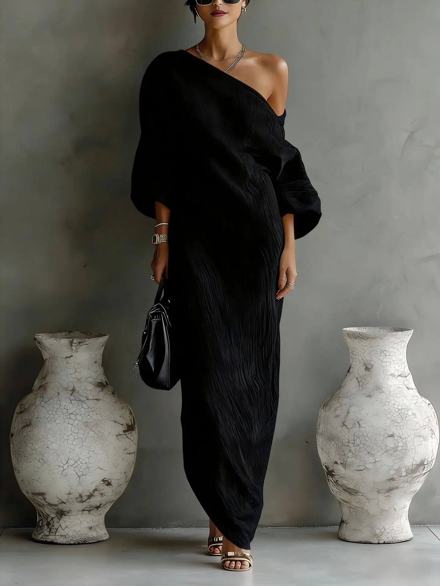 Women's One-Shoulder Maxi Dress with Batwing Sleeves