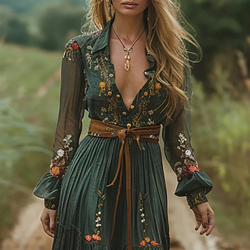 Women's Embroidered Bohemian Floral Maxi Dress