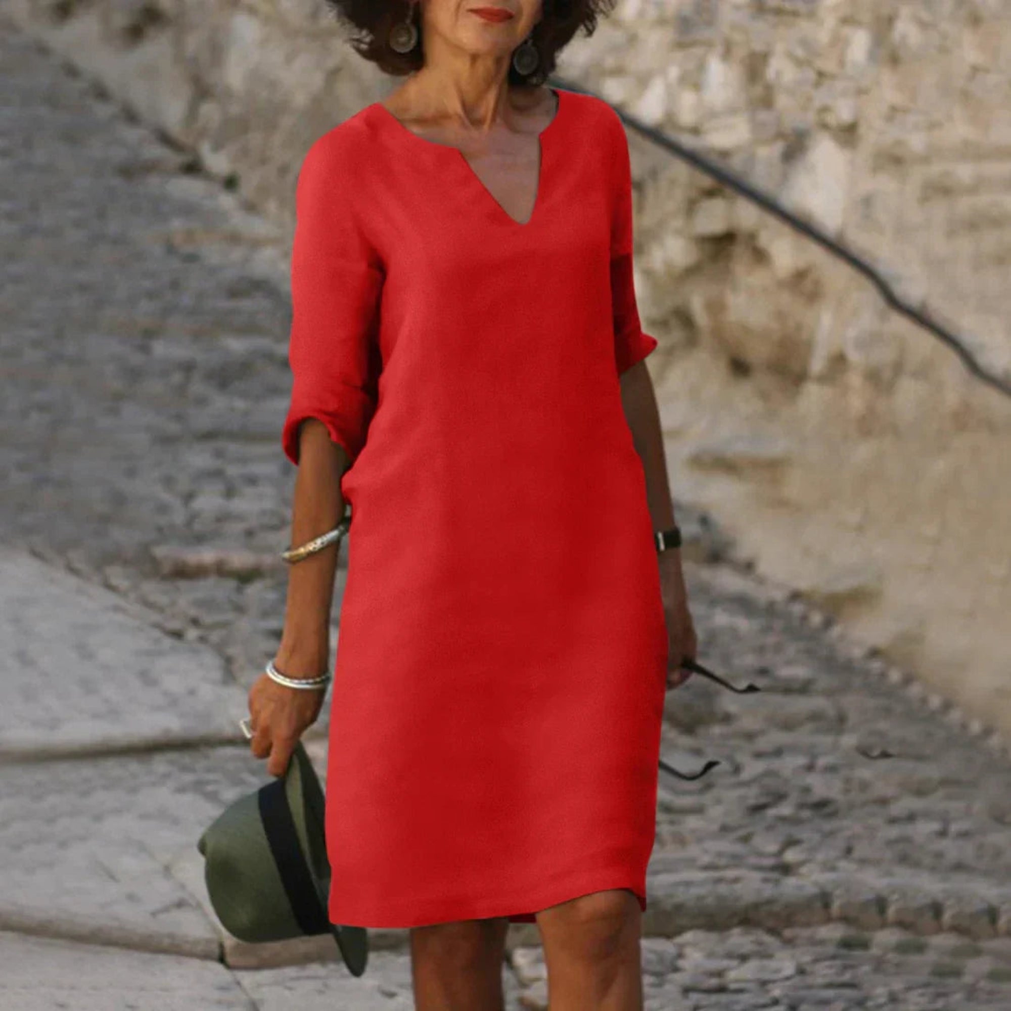 Women’s Relaxed V Neck Shift Dress with Three Quarter Sleeves