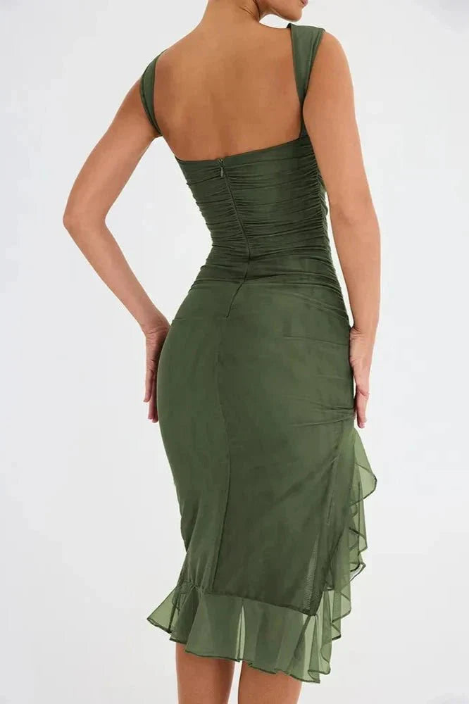 Women’s Sleeveless Ruched Asymmetrical Ruffle Hem Midi Dress