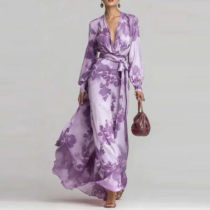 Women's Floral Wrap Maxi Dress with Waist Tie