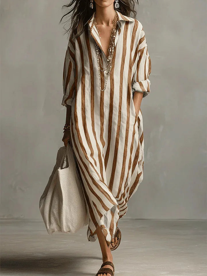 Women's Striped Maxi Shirt Dress with Collar and Side Pockets