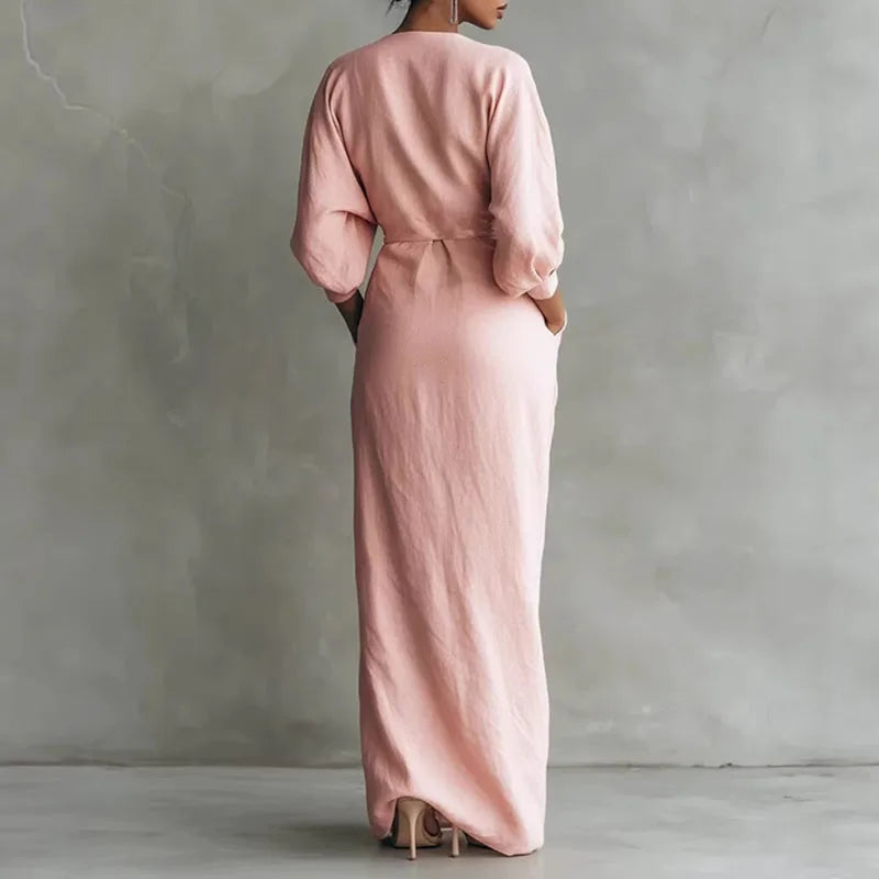 Women's Wrap Maxi Dress with V-Neck and Elegant Side Slit