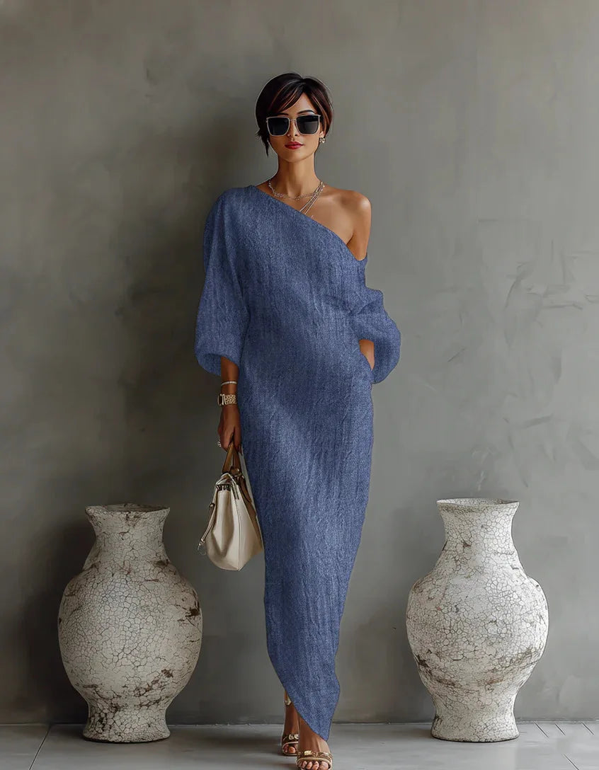 Women's One-Shoulder Maxi Dress with Batwing Sleeves