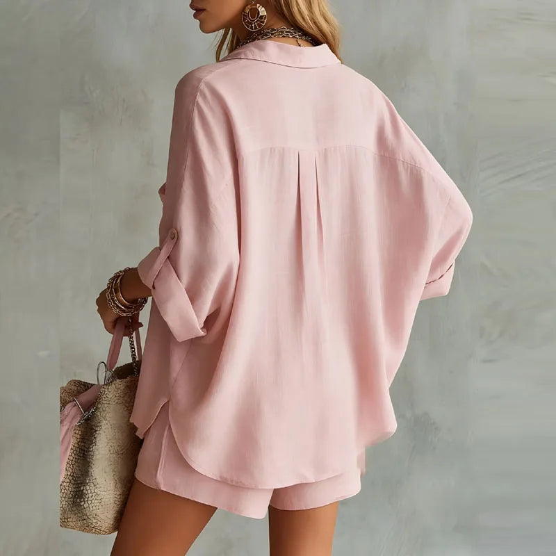 Women's Summer Co-Ord Set with Collared Shirt and Relaxed Shorts