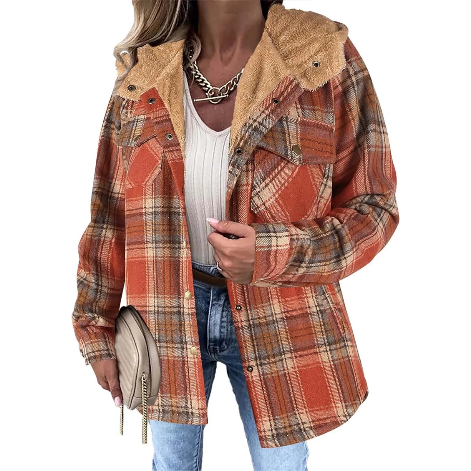 Soft Women's Plaid Button Jacket with Sherpa Lining