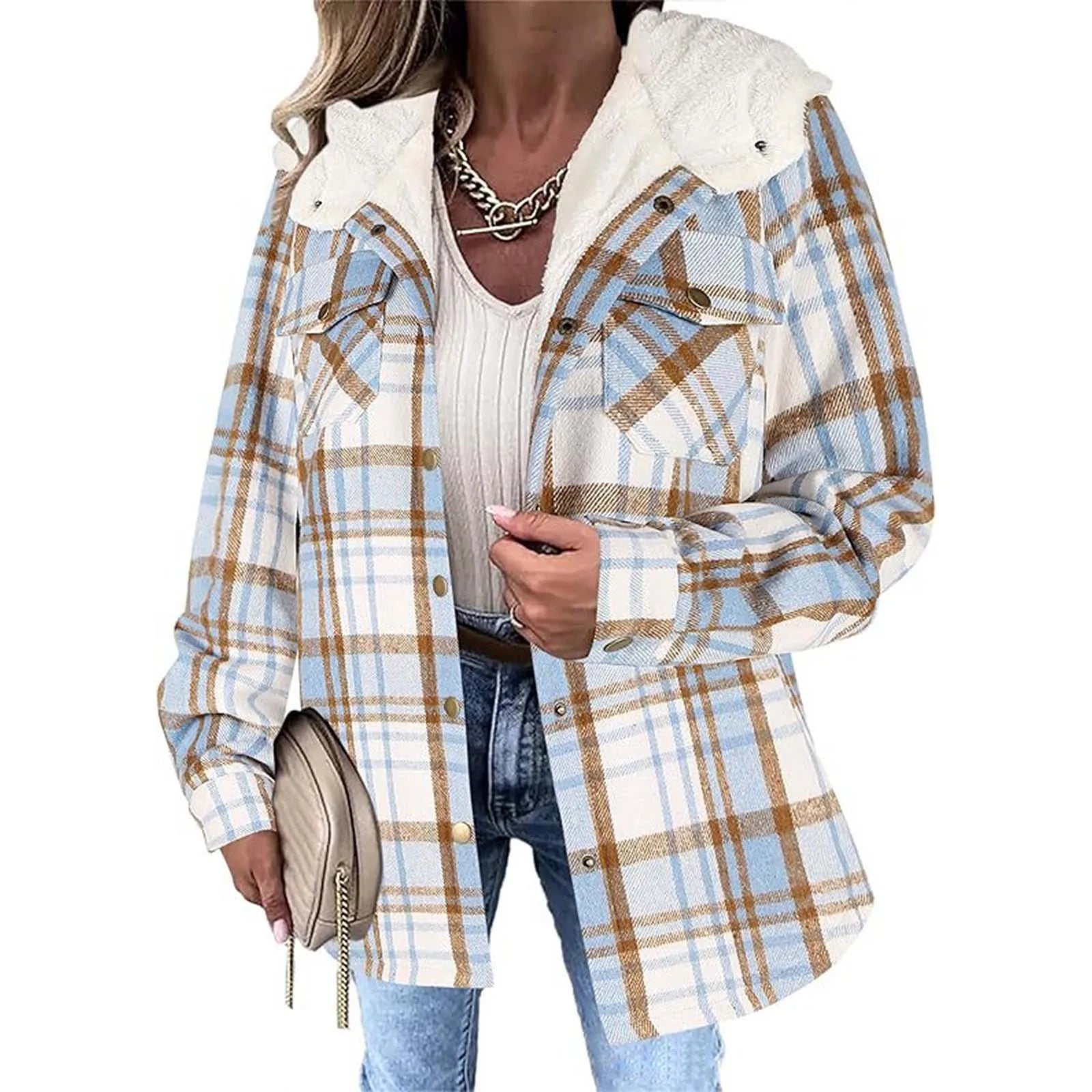 Soft Women's Plaid Button Jacket with Sherpa Lining