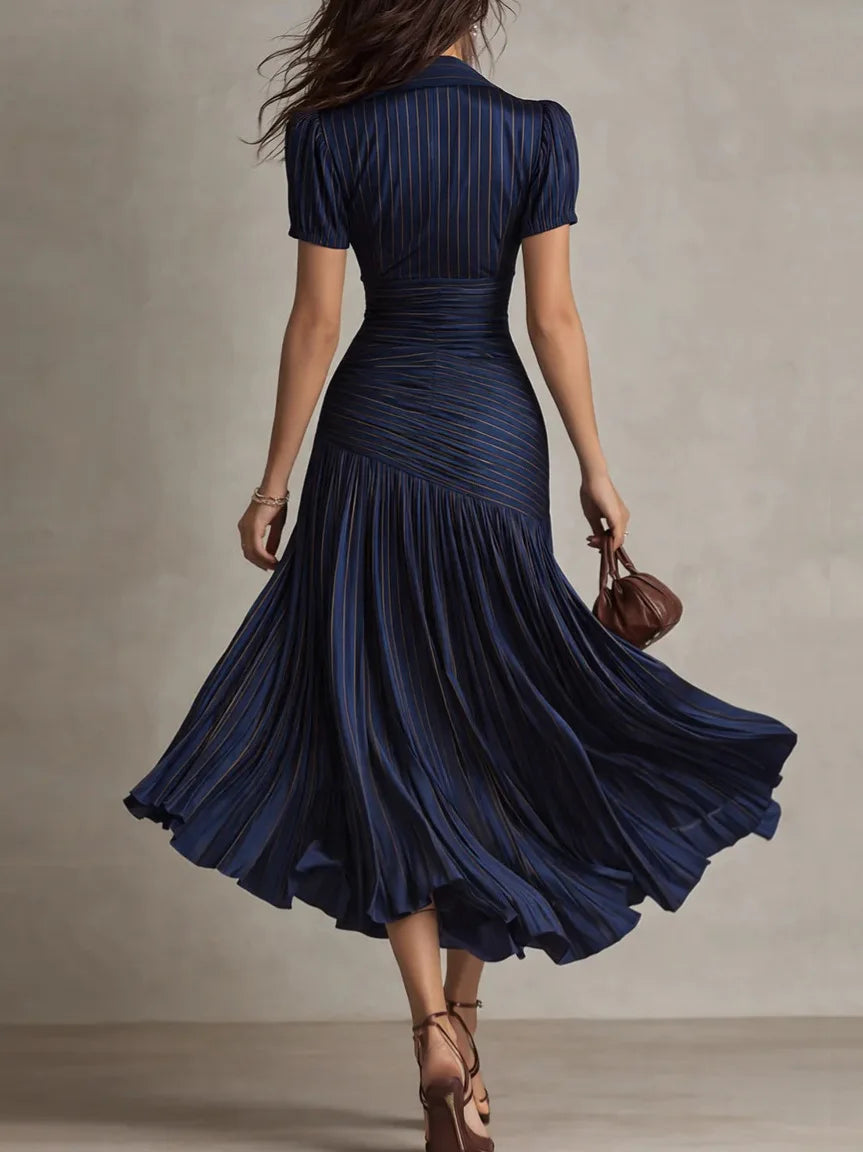 Women's Pleated A-Line Midi Dress with Lapel Collar