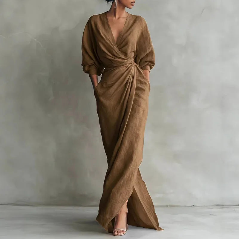 Women's Wrap Maxi Dress with V-Neck and Elegant Side Slit