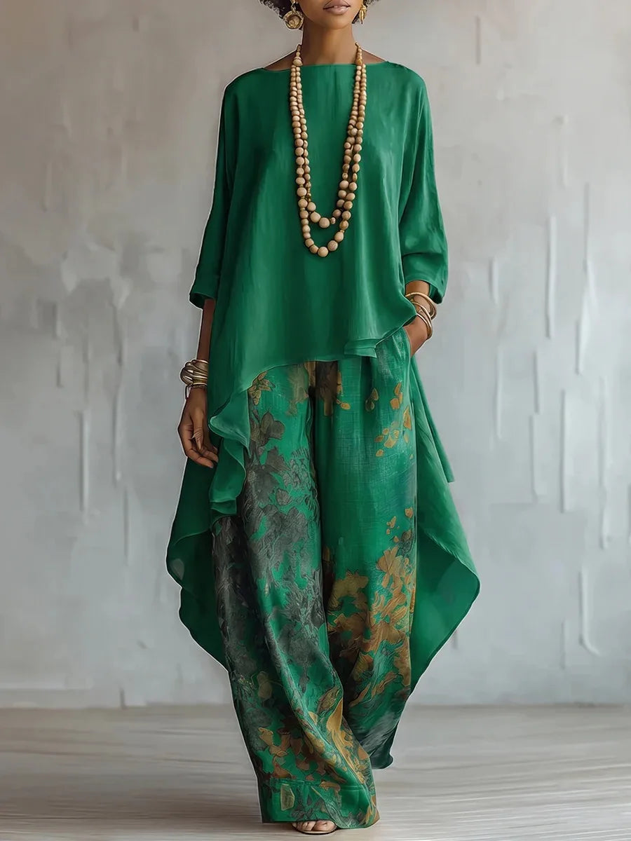 Women's Artistic Floral Two-Piece Set with Top and Wide-Leg Pants