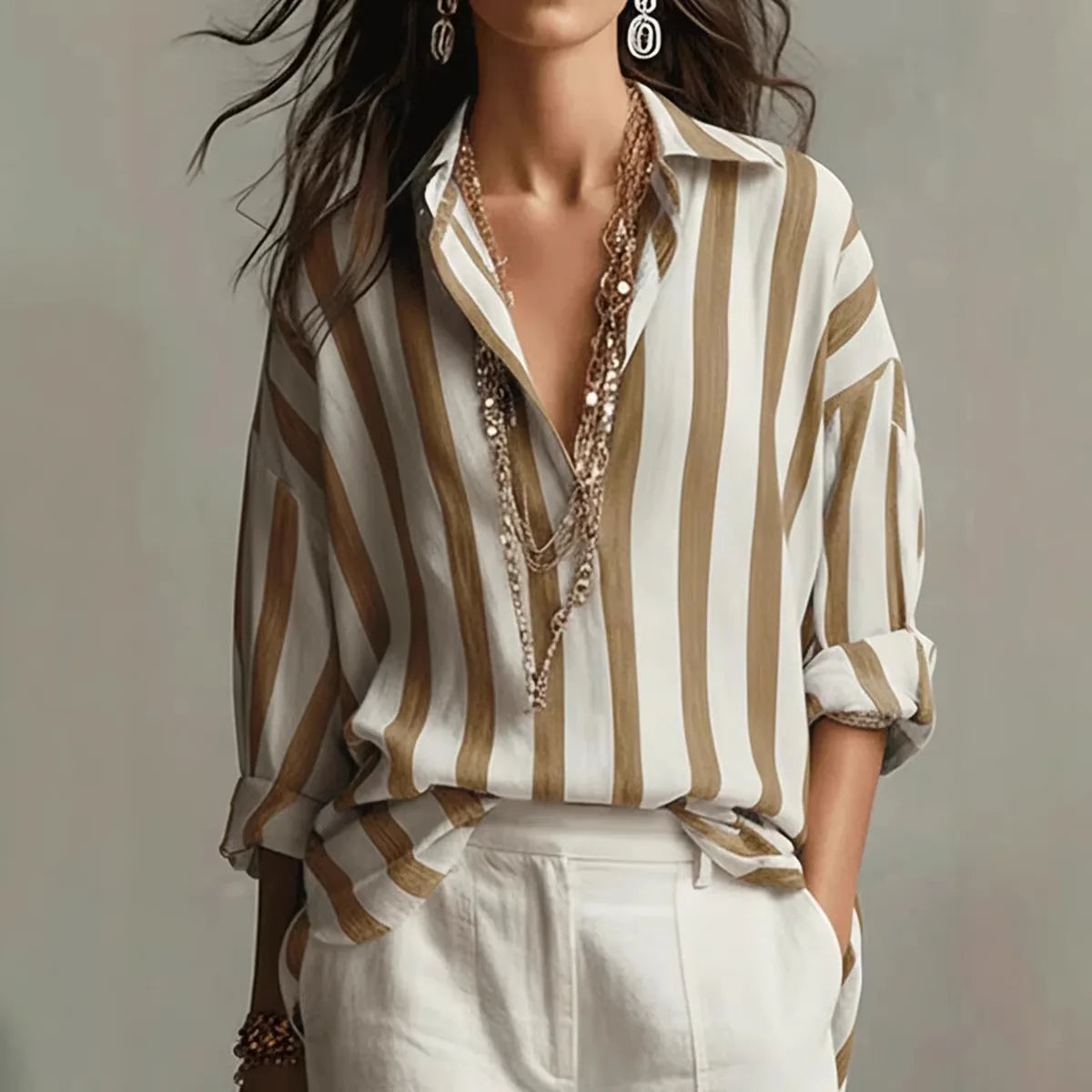 Women's Striped Long Sleeve Shirt with Relaxed Fit