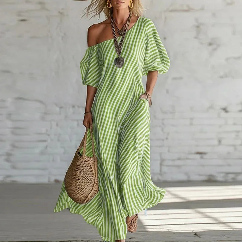Women's One Shoulder Striped Puff Sleeve Maxi Dress