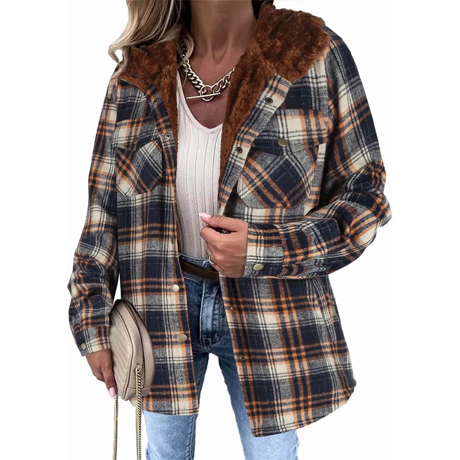 Soft Women's Plaid Button Jacket with Sherpa Lining