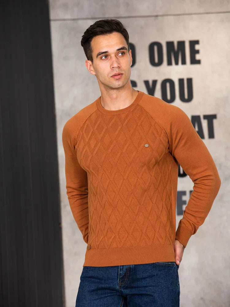 Men's Crew Neck Knit Sweater with Textured Design