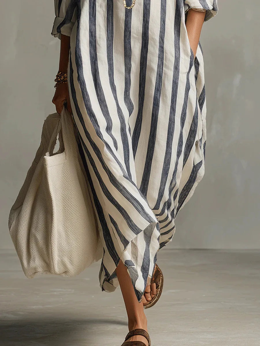 Women's Striped Maxi Shirt Dress with Collar and Side Pockets