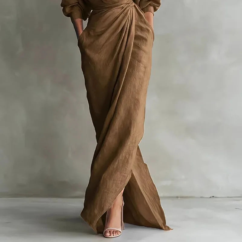 Women's Wrap Maxi Dress with V-Neck and Elegant Side Slit