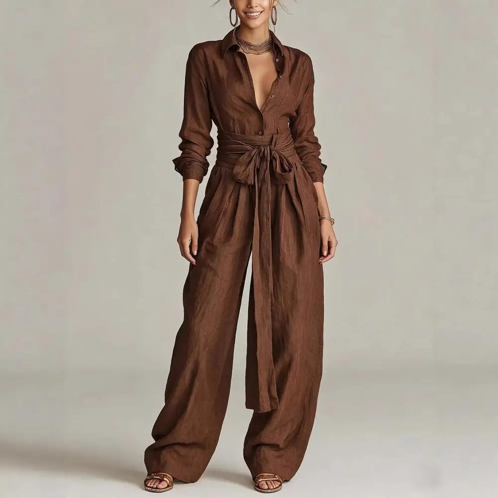 Women's Two-Piece Lounge Set with Button-Down Shirt and Wide-Leg Pants