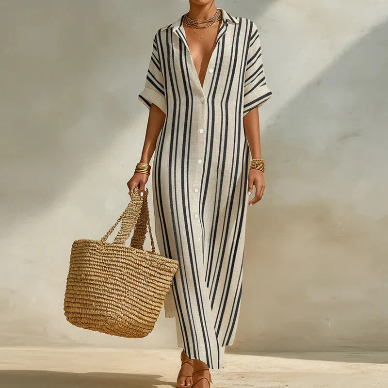 Women's Striped Patchwork Maxi Dress with Collared Neckline