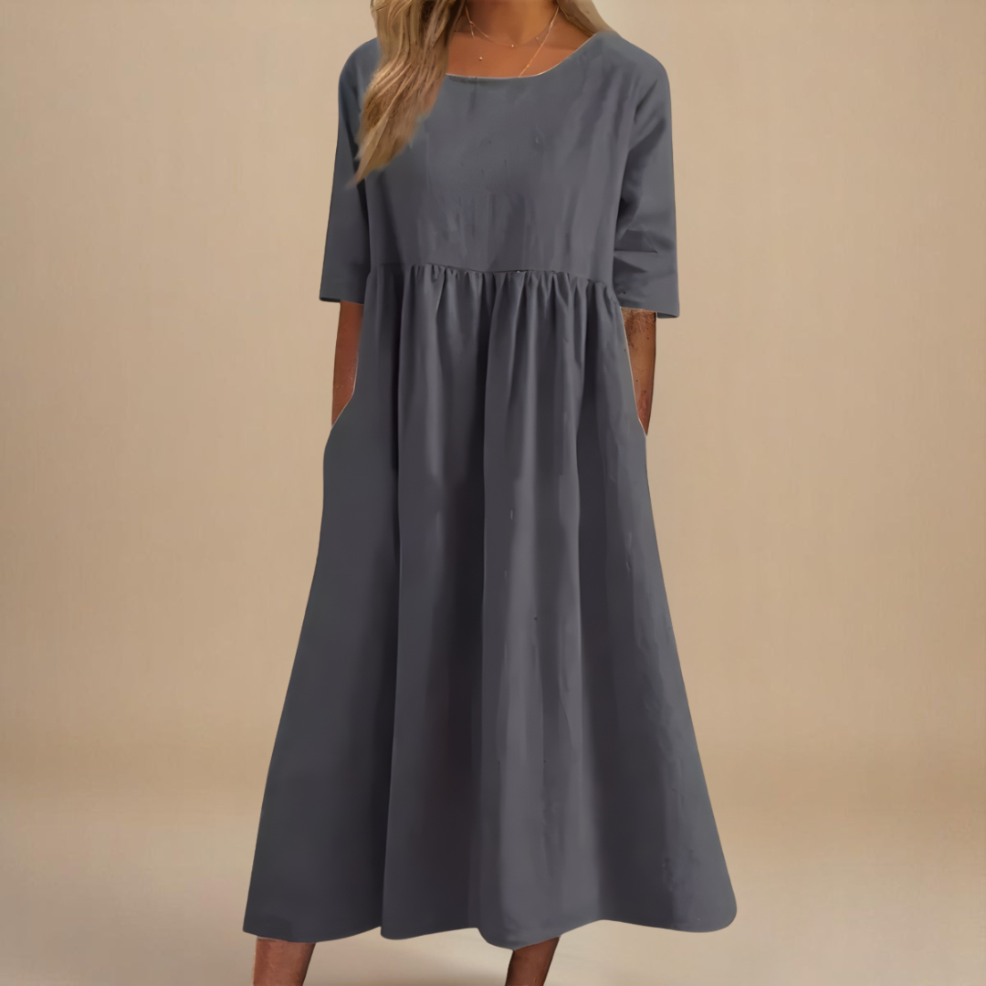 Women's Empire Waist Midi Dress with Relaxed A-Line Silhouette