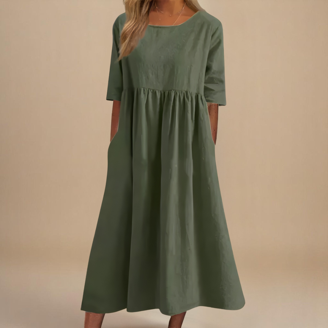 Women's Empire Waist Midi Dress with Relaxed A-Line Silhouette