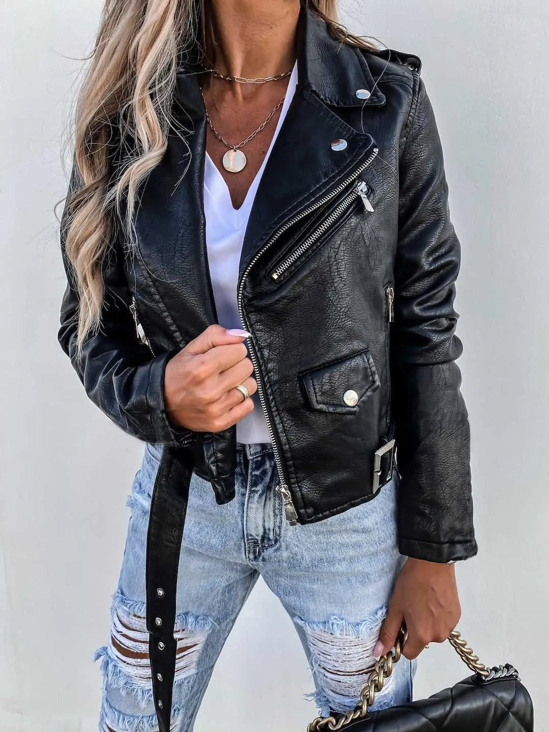 Women's Biker Leather Jacket with Asymmetric Zip