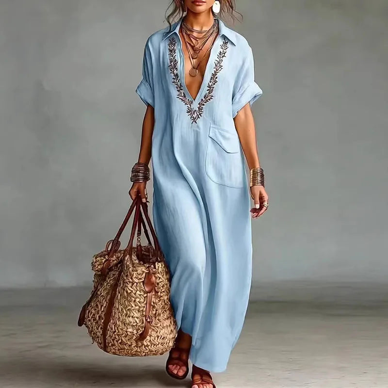 Women's Bohemian Printed Maxi Dress with Deep V-Neck