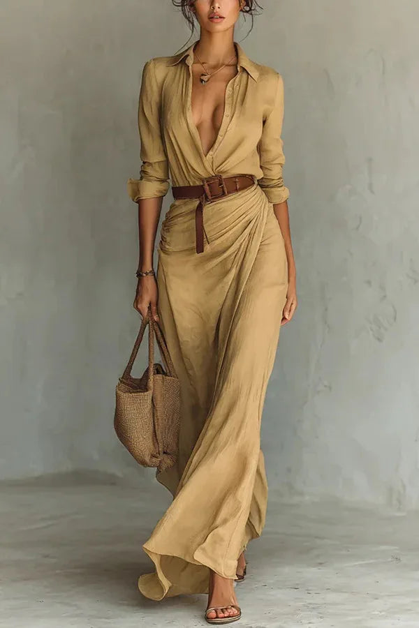 Women's Pleated Maxi Dress with V-Neck and Long Sleeves