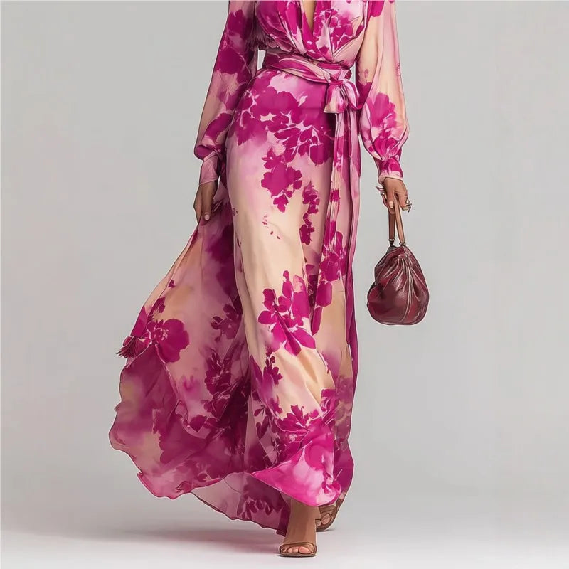 Women's Floral Wrap Maxi Dress with Waist Tie