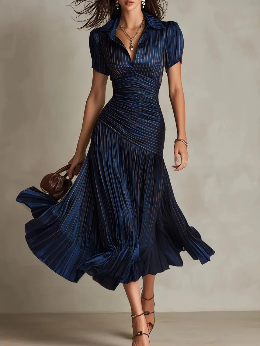 Women's Pleated A-Line Midi Dress with Lapel Collar