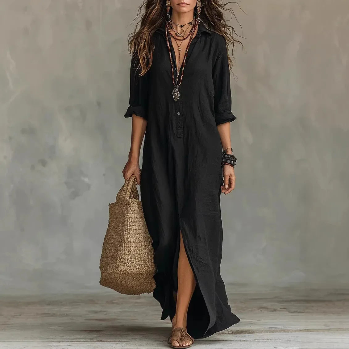 Women's Maxi Shirt Dress with Turn-Down Collar