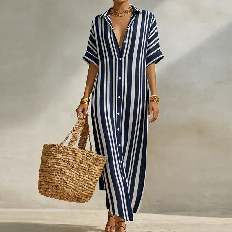 Women's Striped Patchwork Maxi Dress with Collared Neckline